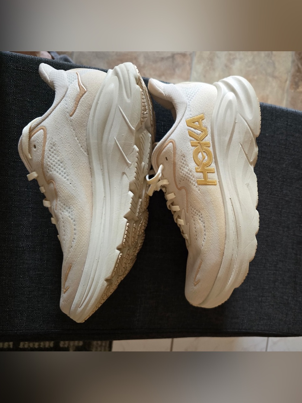 Hoka Cream and Gold Cushioned Running Shoes